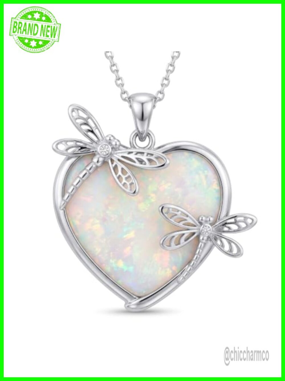 S925 Sterling Silver Heart White Opal Dragonfly Pendant Necklace
